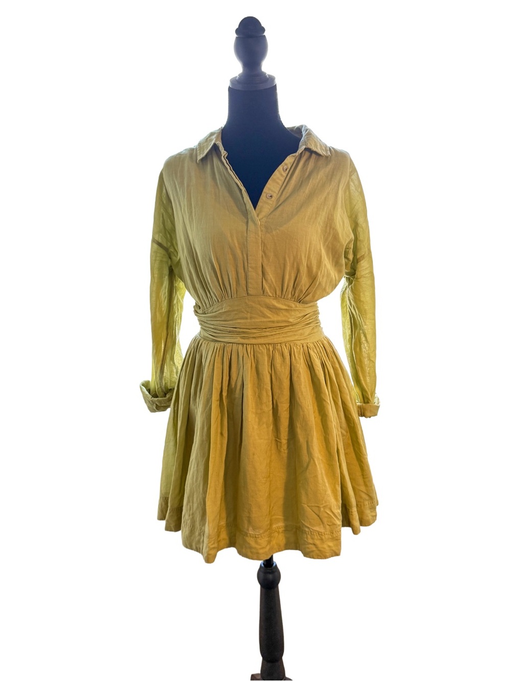 Maeve Anthropologie Olive Green Smocked Waist Long Sleeve Shirt Dress L